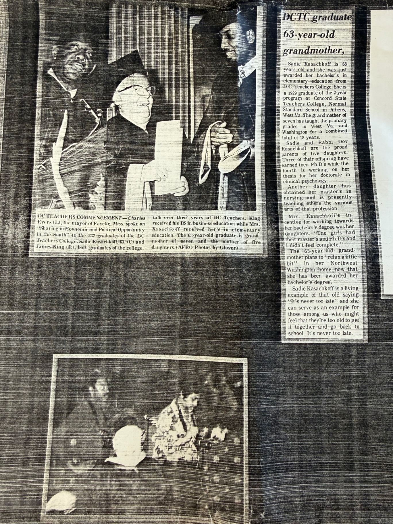 Newspaper article and commencement notice about Sadie Kasachkoff graduating from D.C. Teachers College at age 63.