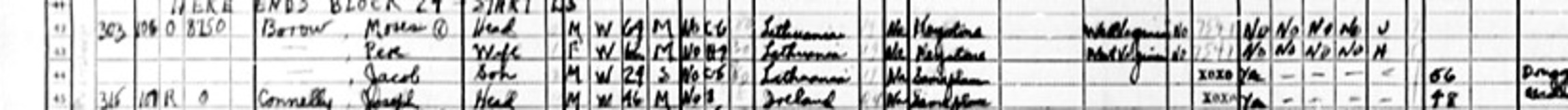 Enlarged detail of the 1940 census rows recording Moses, Pere, and Jacob Borow.