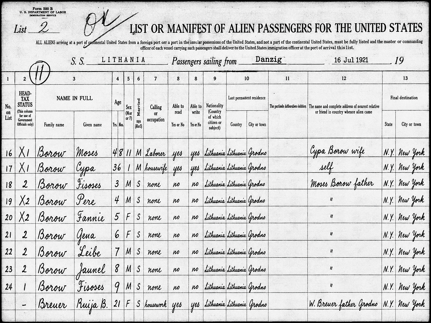 Original 1921 S.S. Lituania passenger manifest page listing Moses Borow and family members, sailing from Danzig.
