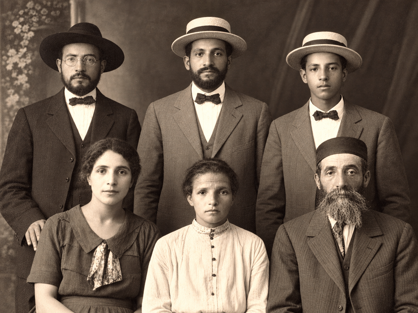 Family identification, left to right: back row — Tzvi Nachum, Dov Bear Kasachkoff, Irving; front row — Devorah, Malka, Simcha Peretz.