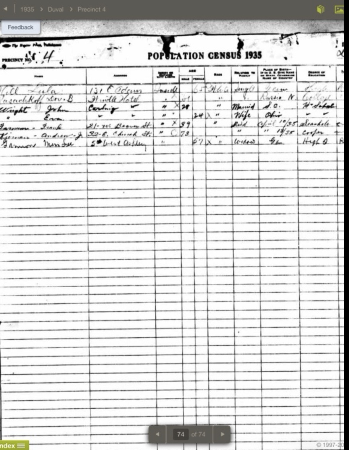 1935 Florida State Census population schedule for Duval County, listing Dov B. Kasachkoff in Jacksonville, Florida.