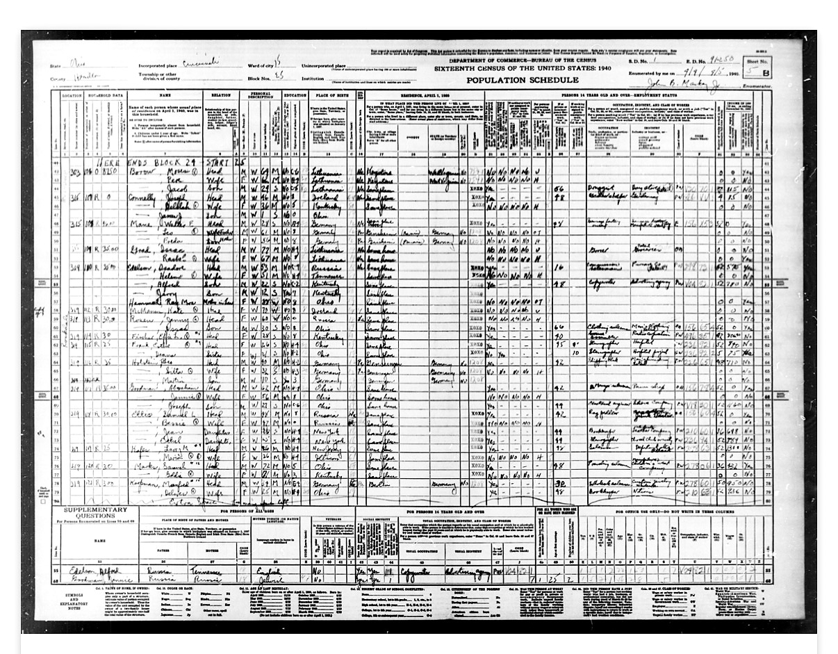 Original 1940 U.S. Census page for Cincinnati, Hamilton County, Ohio, listing Moses, Pere, and Jacob Borow.