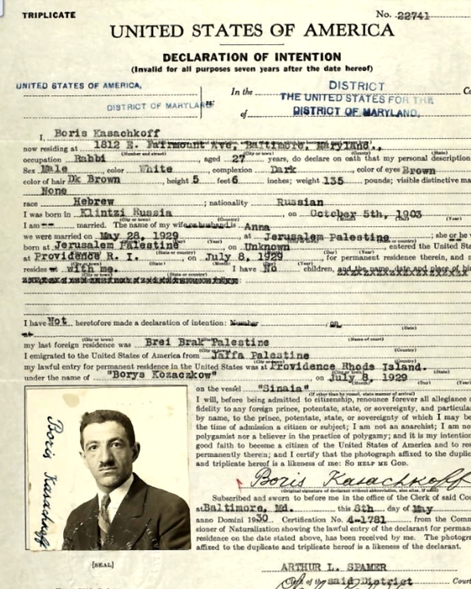 1930 U.S. Declaration of Intention filed in Baltimore for Boris Kasachkoff, with his photograph.