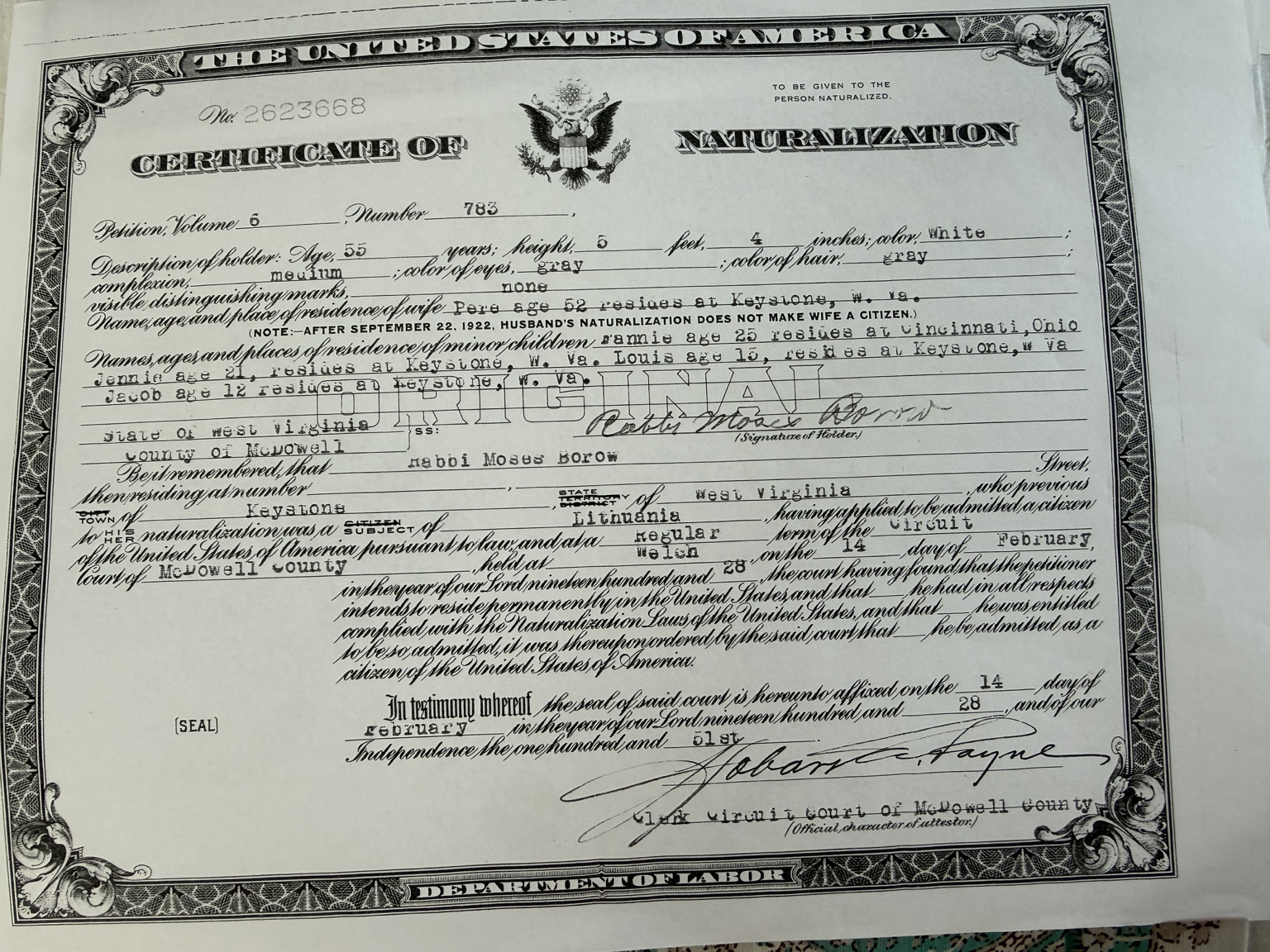1928 U.S. Certificate of Naturalization for Rabbi Moses Borow of Keystone, McDowell County, West Virginia.