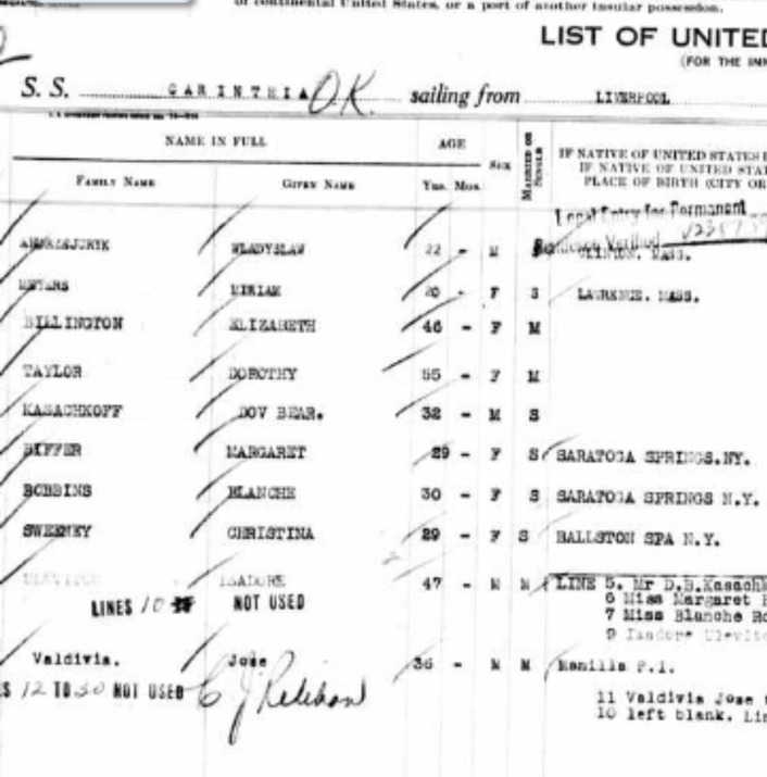 S.S. Carinthia passenger manifest, 1936, listing Dov Bear Kasachkoff, age 32, arriving from Liverpool.