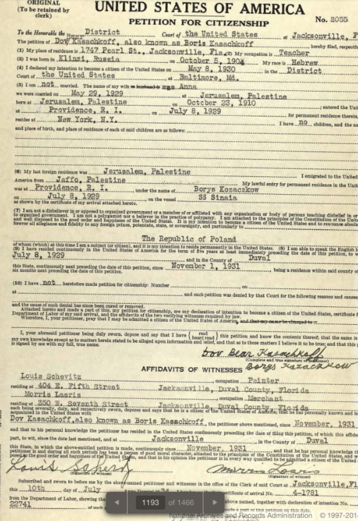1931 U.S. Petition for Citizenship for Dov Bear Kasachkoff, also known as Boris Kasachkoff and Borys Kozackow, District Court of the United States.